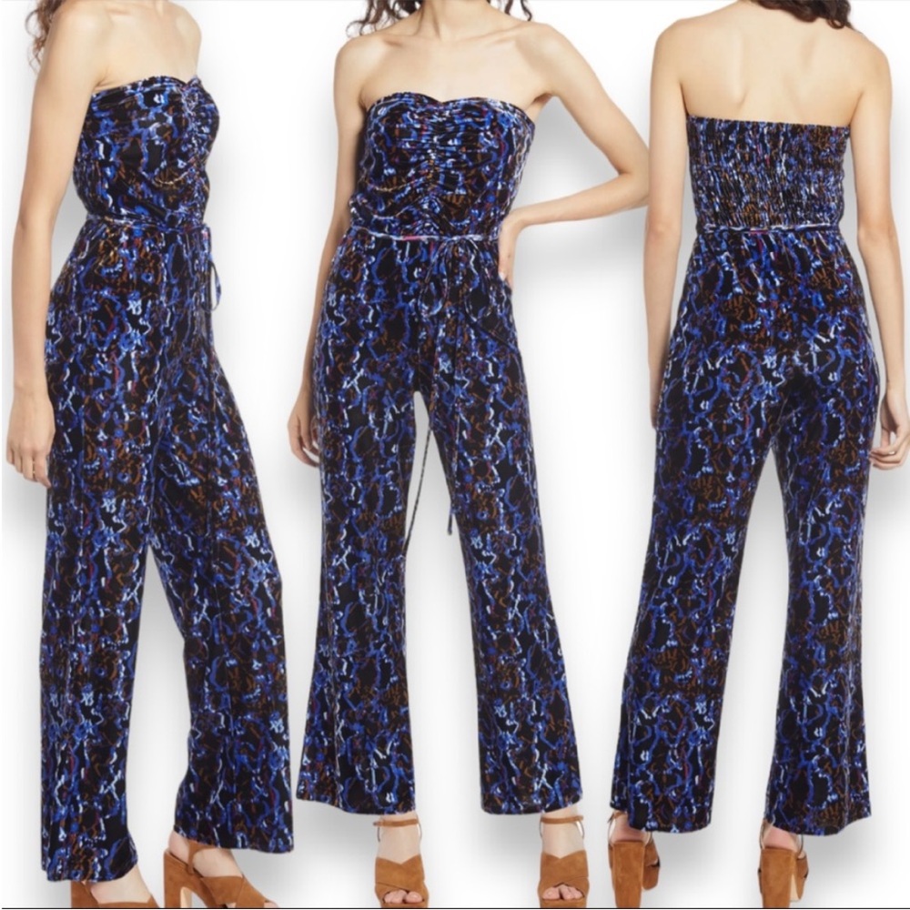 NWT Nordstroms Open Edit Velour Strapless Jumpsuit In Black & Blue Large (12-14)